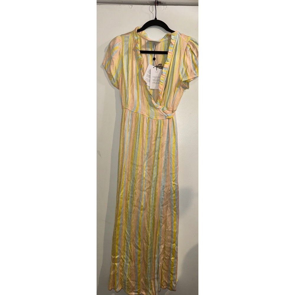 Cecilie Copenhagen Sine Dress Pastel Striped Wrap Midi Yellow Pink Blue M